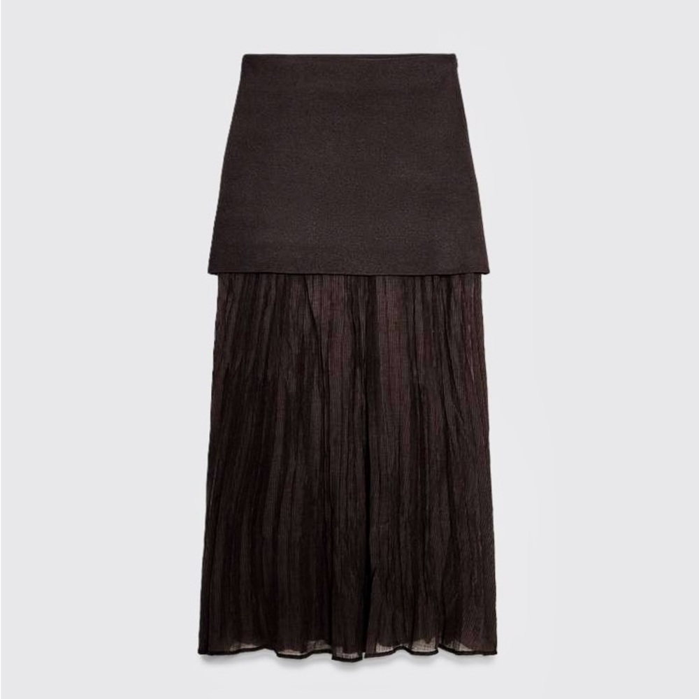 Zara NWT dark brown mixed combination midi pleated contrasting skirt - Picture 9 of 15